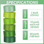 1 Inch Green Satin Ribbons for Crafts, 6 Rolls Single-Faced Green Assorted Ribbons for Gift Wrapping Flower Bouquet Wedding Invitations Bridal Shower Hair Bows Garland Party Decor