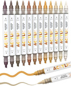 Guangna 12 Brown Dual Tip Acrylic Paint Markers, Brush Tip & Chisel Tip Acrylic Paint Pens for Rock, Wood, Glass, Paper, Coloring Book, Ceramic, Canvas, Water-Based Ink