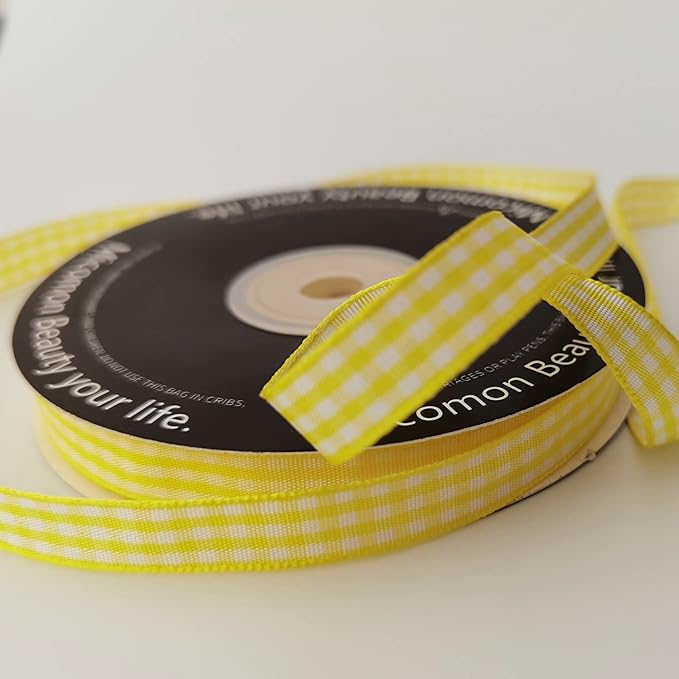 Yellow and White Gingham Plaid Checked Ribbon 25 Yards Per Roll Checkerd Craft 100% Polyester (3/8", Yellow)
