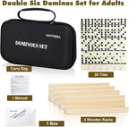 Double 6 Dominos Set for Adults, Durable 28 Tiles Dominos with 4 Wooden Racks and Carrying Case,Classic Board Games,Portable Travel Game