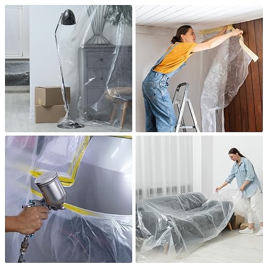 HARFINGTON Pre-Taped Masking Film 126" x65.6ft Double Adhesive Tape and Drape Painters Plastic Drop Cloth Film with Tape Plastic Sheeting for Automotive Painting Covering