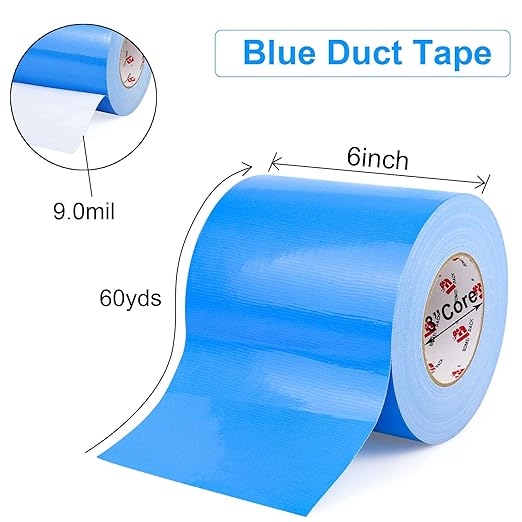 BOMEI PACK 6" Blue Duct Tape,Wider Roll,6 Inches x 60 Yards,9 Mil Thick Heavy Duty,Waterproof,Flexible,No Residue and Tear by Hand,Multi-Use for Indoor & Outdoor Repairs
