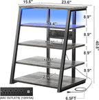 Armocity 5-Tier AV Media Stand with Power Strips, Media Console with LED Lights, Audio Tower Rack with Adjustable Shelves, Stereo Stands and Racks, 40.8'', Grey Oak