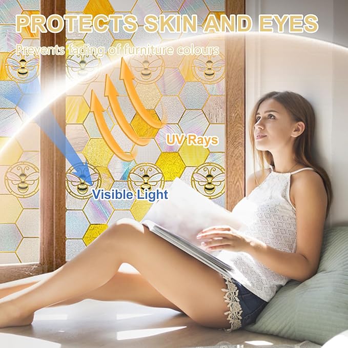 3D Stained Glass Window Privacy Film, Heat Control UV Blocking Static Cling Decorative Window Film for Bathroom,Front Door,Home Non Adhesive, Honey 16.9 x 39.3 inches