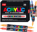 Guangna 36 Colors Acrylic Paint Markers, Dual Tip Paint Markers Pens Set with Soft Brush Tip, Multifunctional Fine Tip Markers for Wood,Canvas,Rock Painting, Glass, Diy Crafts Art Supplies, Waterproof