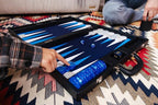 19 Inch Premium Backgammon Sets for Adults Leather Black - Blue. Premium 1.6 Inch Checkers & Dice Set, Travel Backgammon Set, Large, Backgammon Board Game, Backgammon Game Set