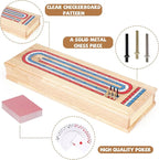 Wooden Cribbage Board Game Set with Storage Drawer & Metal Pegs – Premium 3-Track Cribbage Board with Cards, Portable Travel Strategy Game for Adults, Kids & Family Game Night