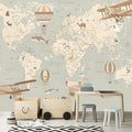 AFZEVEB-Vintage Animal Wallpaper Cartoon Aircraft Map Wall murals for Kids Room 136"x96"(Not Peel and Stick)