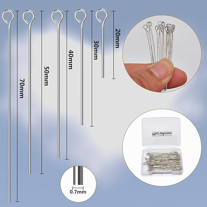 100pcs Silver Filled Eye Pins Non Tarnish Craft Earring Bracelet Jewelry Making Accessories Supplies (70mm (2.75in), Silver-Eye Pin)