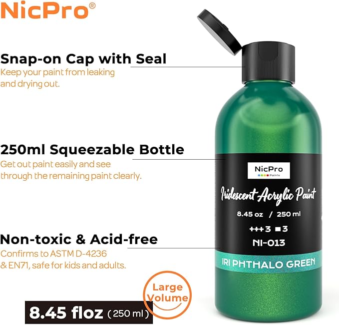 Nicpro Iridescent Green Acrylic Paint, 8.45oz / 250ml Large Bottle Green Metallic Acrylic Paint, Color Shifting & Non-Toxic Art Painting Supplies For Craft Canvas Fabric Rock Wood Ceramic Metal