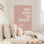 Girls Room Decor for Nursery Decor Linen Canvas Banner,Pink Who Runs The World Girl,Inspirational Wall Hanging Flag Banner for Baby Kids Girl Bedroom Dorm 18x25 Inch