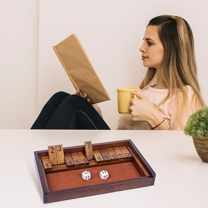 Shut The Box Game with 12 Pcs Wooden Numbers，Wooden Board Table Math Game