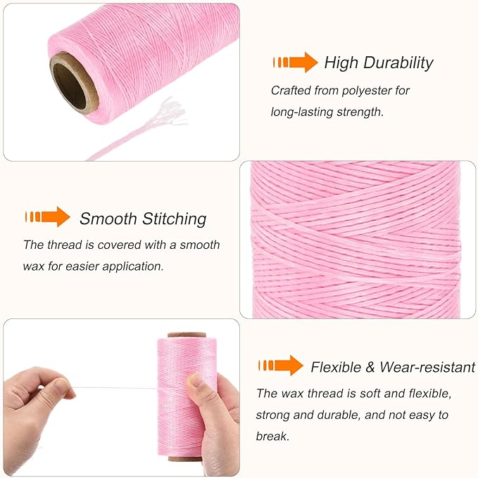 MECCANIXITY Waxed Thread,197 Yard 1mm 210D Flat Wax Thread Polyester Waxed String for Leather Sewing Hand Weaving Book Binding Home Decoration,Pink