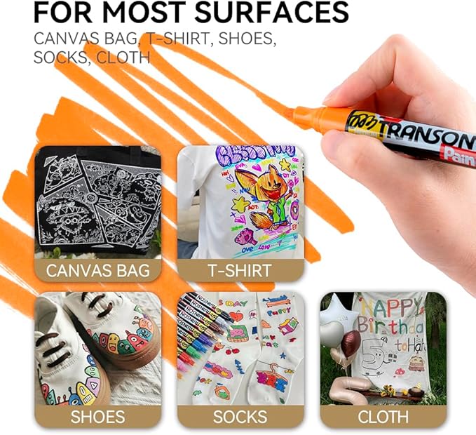 TRANSON 12 Colors Permanent Paint Markers for Fabric Rock Craft Diy Painting Medium Tip Oil Based Waterproof