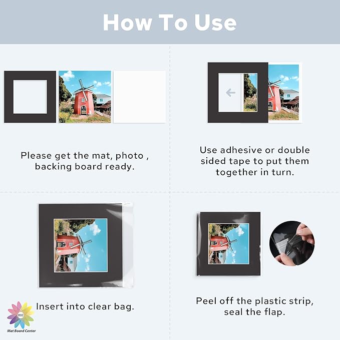 Mat Board Center, Pack of 25, 12x12 for 8x8 Black Mat Kit - Acid Free, 4-ply Thickness, White Core - Includes Backing Boards and Clear Bags - for Pictures, Photos, Framing