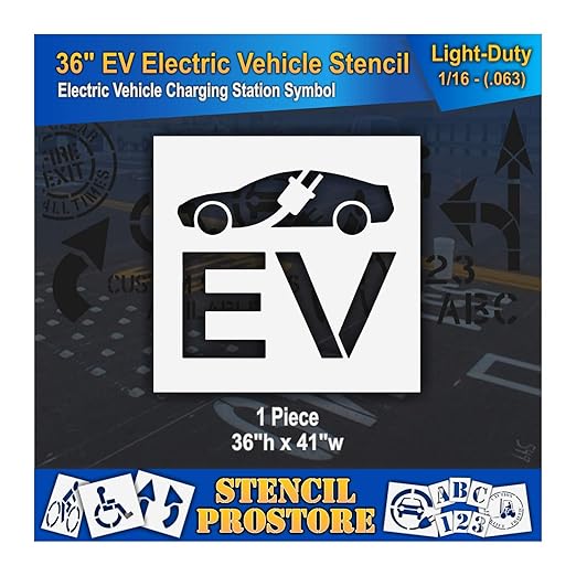Pavement Stencils - 36 in - Electric Vehicle Silhouette with Plug and EV Letters - 35'' x 41'' x 1/16" (63 mil) - Light-Duty