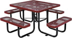 Global Industrial 46" Square Picnic Table, Expanded Metal, Red Thermoplastic Coating, Attached Benches, 1-1/2” Umbrella Pole Hole, Outdoor-Rated, 1000 lb Capacity
