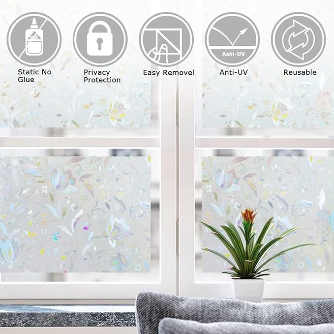LEMON CLOUD Window Film, Decorative Window Privacy Film, 3D Stained Glass Window Sticker,Anti-UV Sun Blocker Heat Control for Home(Rainbow Tulip Design,29.5 x 157.4 inches)