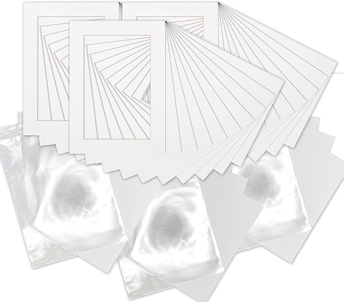 5.5x8.5 Mat for 8.5x11 Frame - Precut Mat Board Acid-Free Show Kit with Backing Board, and Clear Bags White 5.5x8.5 Photo Matte Made to Fit a 8.5x11 Picture Frame Matboard for Framing, Pack of 25 Mats