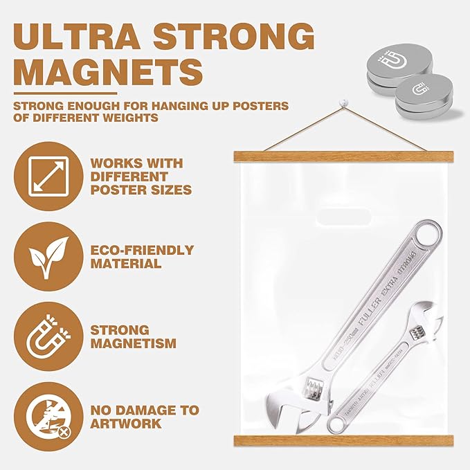 Ywlake Magnetic Poster Hanger, 32x24 32x48 32x23 Poster Frame Wood Wooden Magnet Print Posters Dowel Scroll Hanger Hangers Hanging Kit for Walls Map Canvas Artwork (Teak Wood, 32")