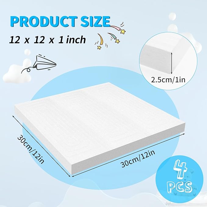 LuckyFoam White 4 Pack 12x12x1 inch Foam Sheets 1 Inch Thick Polystyrene Rectangles XPS Foam Board Craft for Insulating DIY Modeling Art Supplies