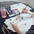 ARTEZA Metallic Watercolor Paint Set – 12 Iridescent Half Pans, Compact Travel Palette with Brush for Painting, Journaling & Mixed Media