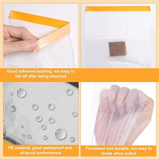 HARFINGTON Pre-Taped Masking Film 106.3" x32.8ft Double Adhesive Tape and Drape Painters Plastic Drop Cloth Film with Tape Plastic Sheeting for Automotive Painting Covering