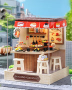 DIY Miniature House Kit, Mini House Building Kit with LED & Dust Cover, DIY Wooden Dollhouse Miniature Kit for Adults Teen, Wooden Crafts Lovely Dollhouse Kit, Revolving Food House