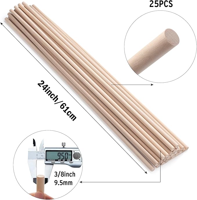 Wood Dowels Wooden Dowel Rods for Crafts, 25PCS 3/8 x 24 Round Macrame Wooden Sticks for Crafting, Unfinished Hardwood Sticks for Arts and DIYers, Tiered Cake Support and Wedding Ribbon Wands