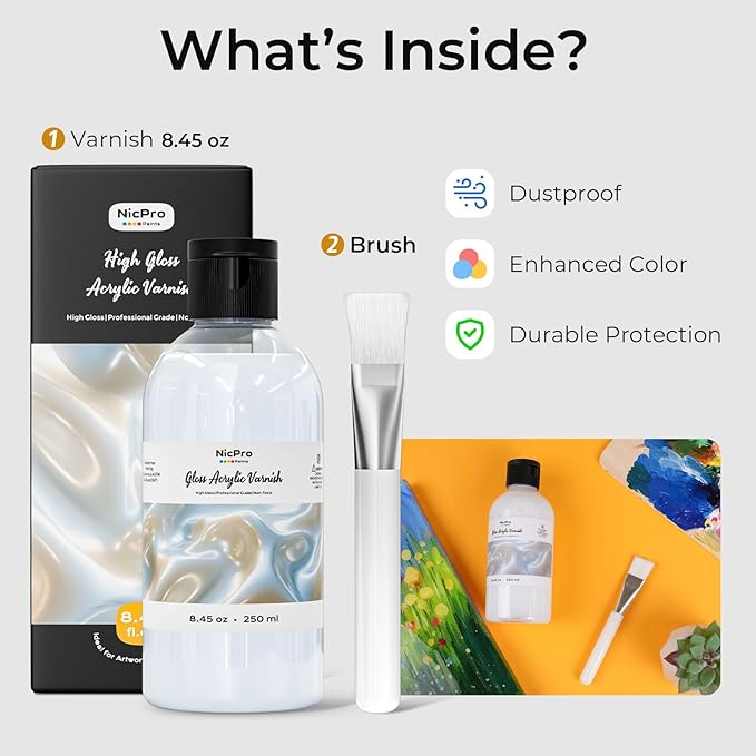 Nicpro Gloss Varnish for Acrylic Painting 8.45oz, Non-Yellowing, Non-Toxic, Anti-Crazing, Clear Acrylic Varnish for Pro Artist, Hobby Painter on Canvas Artwork, Acrylics Paint, Wood, High Gloss Finish