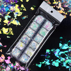 12 Colors Holographic Glitter Nail Art Sequins Aurora Iridescent Nail Flakes Glitter Chameleon Flakes Irregular Ice Slag Glass Paper Ultra Thin Mermaid Nail Glitter for Nail Art Make-up DIY Decoration