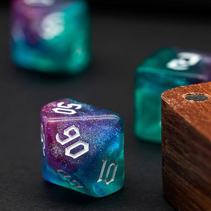 7-Die DND Dice Set Polyhedral Dice Set with a Leather Bag, D&D Dice Set for Dungeons and Dragons, RPG Table Games (Rose Blue w/Glitter)