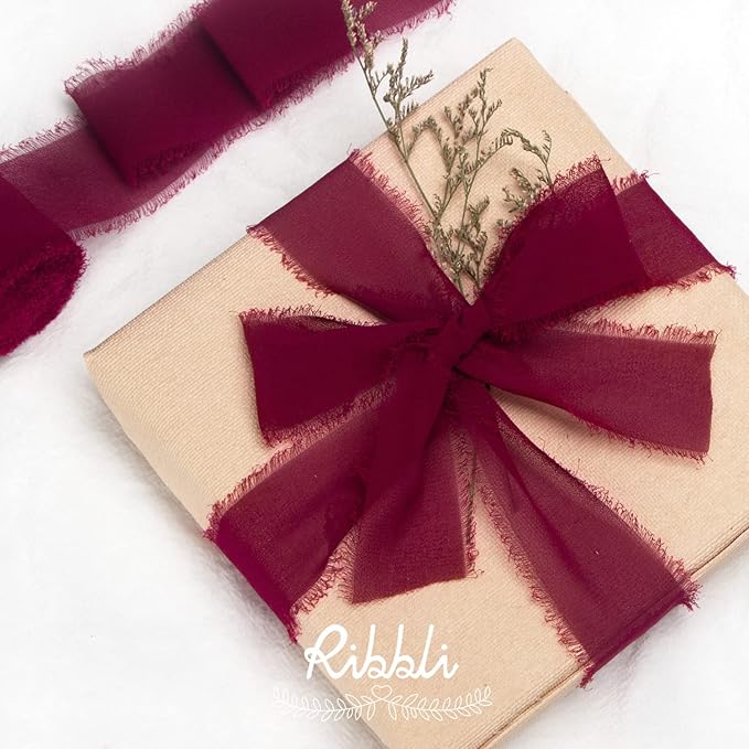 Ribbli Burgundy Chiffon Ribbon 1-1/2 inch x 20 Yard Handmade Fringe Chiffon Silk Ribbon,Black Ribbon for Wedding Invitations, Bridal Bouquets Wrapping, Flower Arrangement Decoration