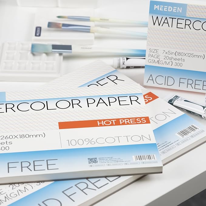 MEEDEN Watercolor Paper Block, 100% Cotton Watercolor Paper Pad of 20 Sheets, 140lb/300gsm, Acid-Free Art Paper for Watercolor, Gouache, Ink and More, 9" x 12" Hot Press