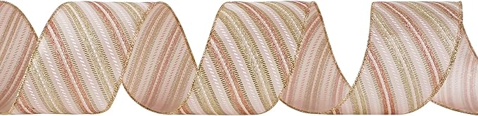 MEEDEE Pink Diagonal Striped Ribbon 2.5 Inch Blue Satin with Rose Gold and Champagne Glitter Wired Ribbon for Christmas Tree, Garlands, Wreaths, Topper Bow (10 Yards)