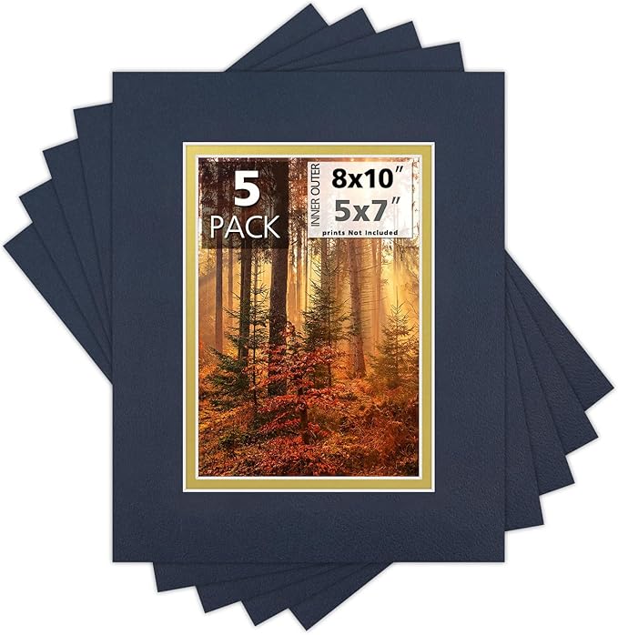 Mat Board Center, Double Mat - Acid Free, 8-ply Thickness, White Core - for Pictures, Photos, Framing (Blue Over Gold, 8x10 for 5x7, Pack of 5)