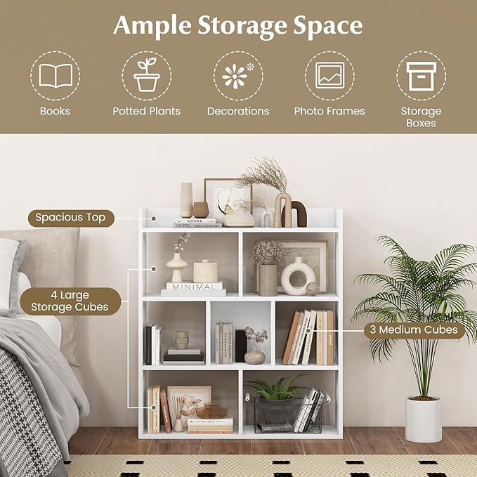 Giantex 7 Cube Bookshelf, Free-Standing Wooden Bookcase, 4 Tier Home Display Shelf, Horizontal Storage Unit w/Anti-Toppling Devices, Open-Back Display Rack for Study, Bedroom, Living Room, White