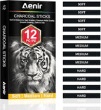 Compressed Charcoal Sticks Set of 12 – Soft, Medium, Hard Charcoal for Drawing, Sketching & Shading – Art Supplies for Artists, Beginners & Adults
