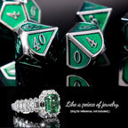 Haxtec 7 Die Metal DND Dice Set Green Elven Goblin D&D Dice Set Compatible with Dungeons and Dragons RPG Gaming-Silver Emerald Green Elvish Dice