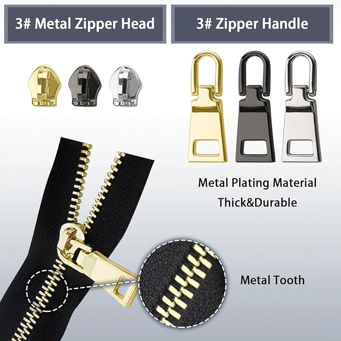 VICHERIA Zipper Repair Kit (45 Pcs), Universal Size #3 Zippers for Sewing, Replacement Slider Pull Fix Kit for Jackets, Coat, Boot, Backpack, Purse