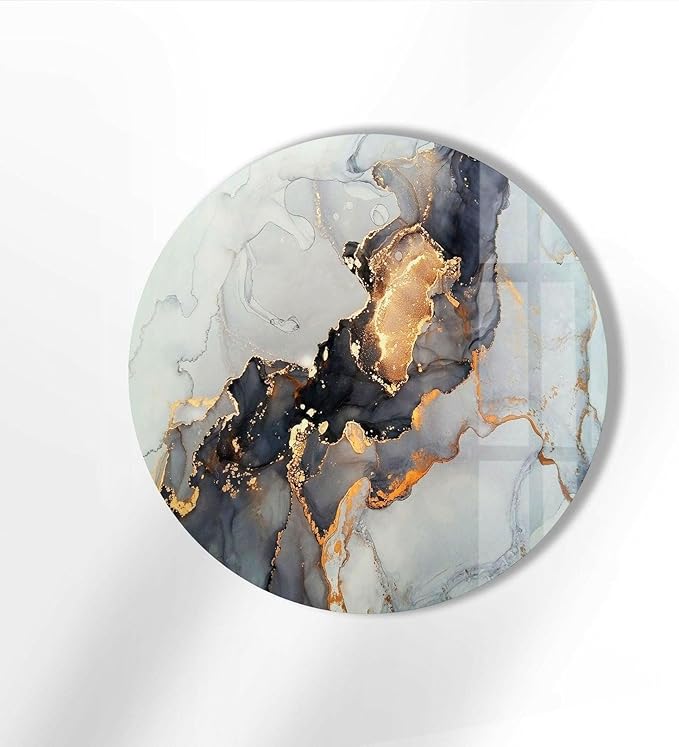 My Photostation.com 27.5''(70cm) Diameter Gold Details Gray Marble Round Glass Wall Art Tempered Glass Printing Wall Decor Large Wall Art Wall Hangings