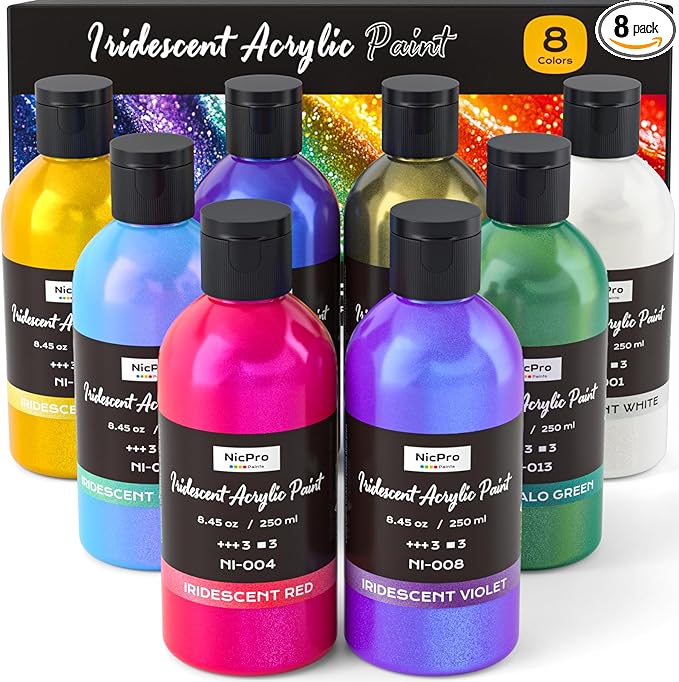 Nicpro 8 Colors Iridescent Acrylic Paint, 8.45oz / 250ml Large Bulk Metallic Acrylic Paint,Color Shifting & Non-Toxic Art Painting Supplies For Canvas Fabric Rock Wood with Color Wheel