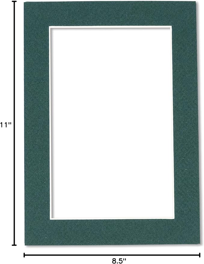 Pack of Ten Acid Free 8.5x11 Mats Bevel Cut for 7x9 Photos - Forest Green Precut Matboards With Backing Boards and Self Seal Photo Mat Bags For Pictures, Photos, Framing - 4-ply Thickness