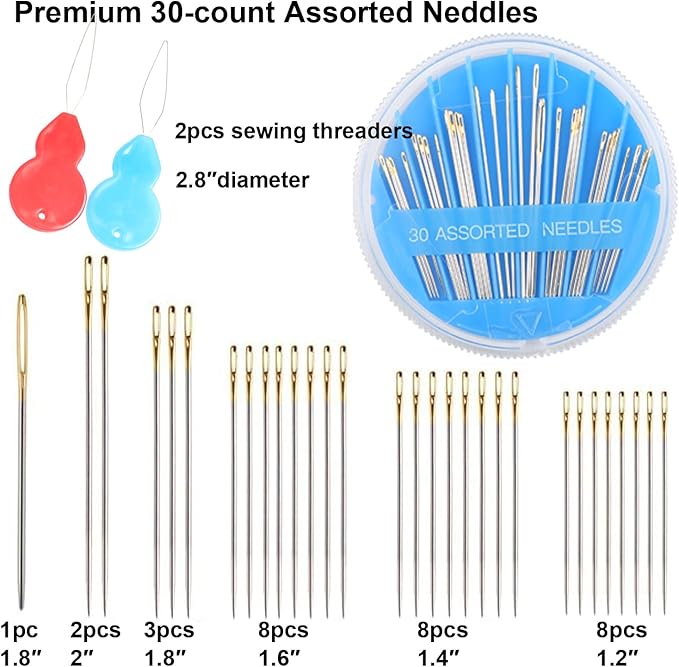 Eketirry 120pcs Premium Hand Sewing Needles，4 Pack 30-Count Assorted Needles for Sewing Repair, 6 Different Sizes Sewing Needles with 2 Threaders (Blue& Black,2)