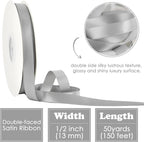HUIHUANG Silver Ribbon 1/2 inch Continuous 50 Yards Silver Double-Faced Satin Ribbon for Gift Wrapping, Bows, DIY Crafts, Flower Bouquet, Wedding Decor, Christmas Holiday Decor