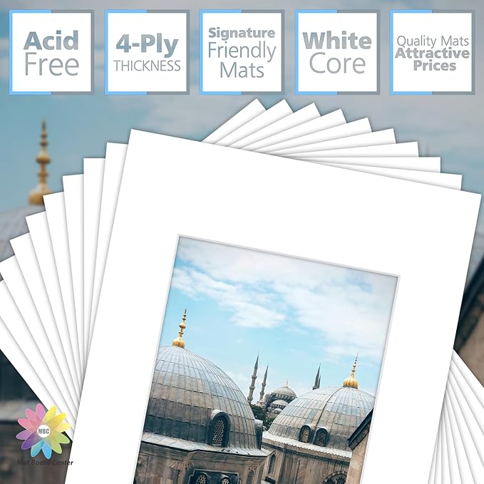 MBC Mat Board Center, 10 Pack 12x16 for 8x10 White Picture Mats Frame Mattes, Bevel Cut, Acid Free, 4-ply Thickness