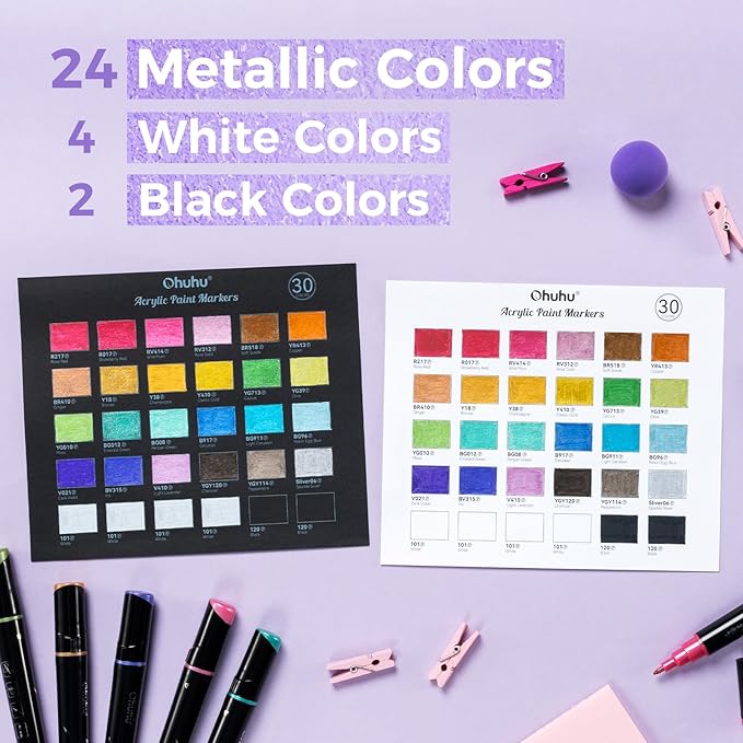 Ohuhu Metallic Acrylic Paint Markers 24 Metallic Colors 30 Pens: Dual Tips (Round & Fine) Acrylic Markers High Opacity Paint Pens for Rock Painting Eggs Wood Glass Ceramic - Kakaako