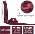 HUIHUANG Burgundy Satin Ribbon 1/2 inch X 50 Yards Continuous, Maroon Double-Faced Satin Ribbon for Gift Wrapping, Bows, DIY Crafts, Flower Bouquet, Wedding, Christmas Decor, Birthday