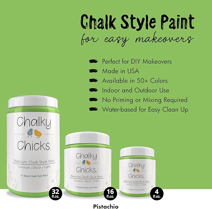 Chalky Chicks All-in-One Chalk Paint for Furniture or Cabinet - 16 Fl Oz - Matte Finish Pistachio (Lime Green) for Metal, Wood Furniture Paint - No Sanding All-in-One for Home Decor & Crafts, USA Made