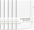 feela 5 Pack Notebooks Journals Bulk, Hardcover Notebook Classic Ruled Lined Journals with Pen Holder for Women Girls School Business Supplies, with 5 Black Pens, 120 GSM, 5.1”x8.3”, A5, White